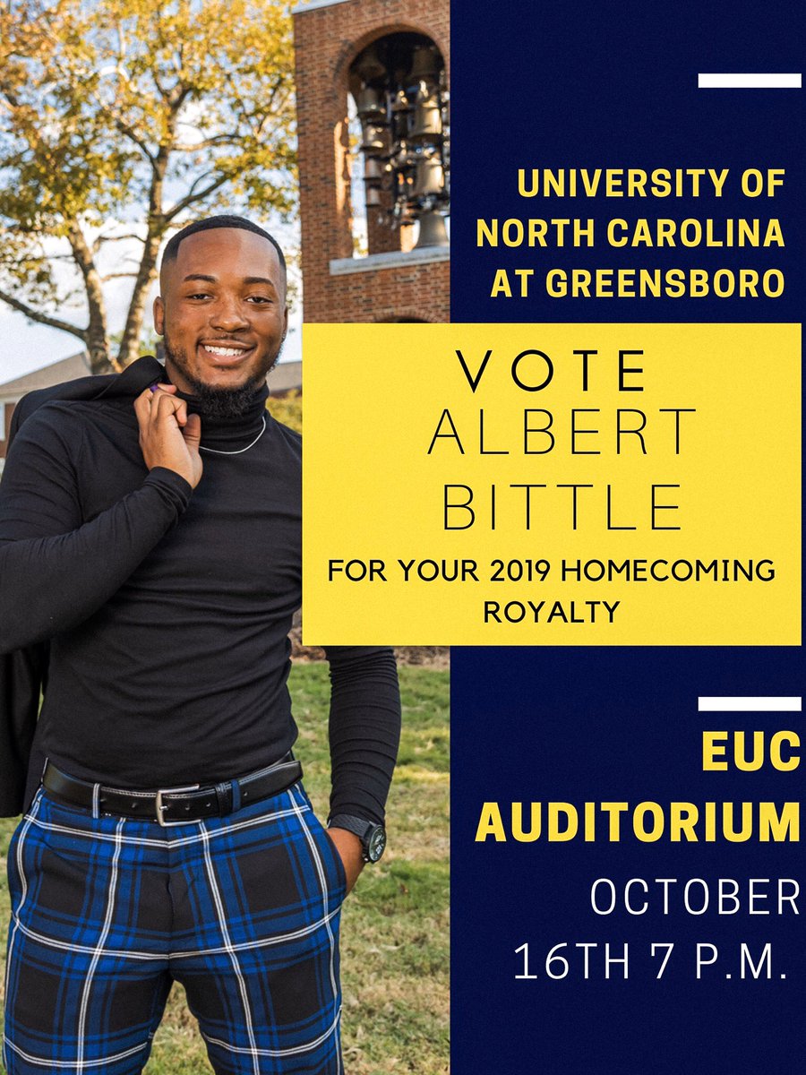 Albeeezzy's tweet photo. TODAY’S THE DAY! Come out the the UNCG EUC auditorium to watch me, Candidate #1, compete for this years Homecoming Royal Court! Showtime starts at 7 pm! Can’t wait to see you all there!! 👑💛💙
#AlbertsEntourage #UNCGWay #UNCGHOCO https://t.co/Rr2VHqKupv