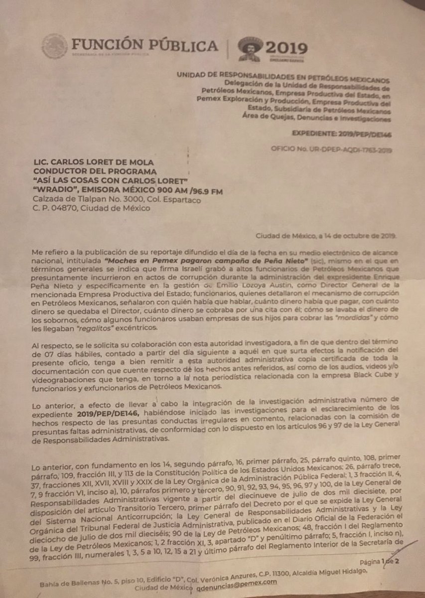CarlosLoret's tweet photo. Nos llegó una inusual "notificación" de la @SFP_mx, nos solicita colaborar y entregar "en un lapso de 7 días hábiles copia certificada de la documentación, así como audios, videos y videograbaciones" del reportaje #Operaciónsaqueo. “Curioso”, con Bartlett no nos pidieron nada. 🤔 https://t.co/vtiAW1TMEe