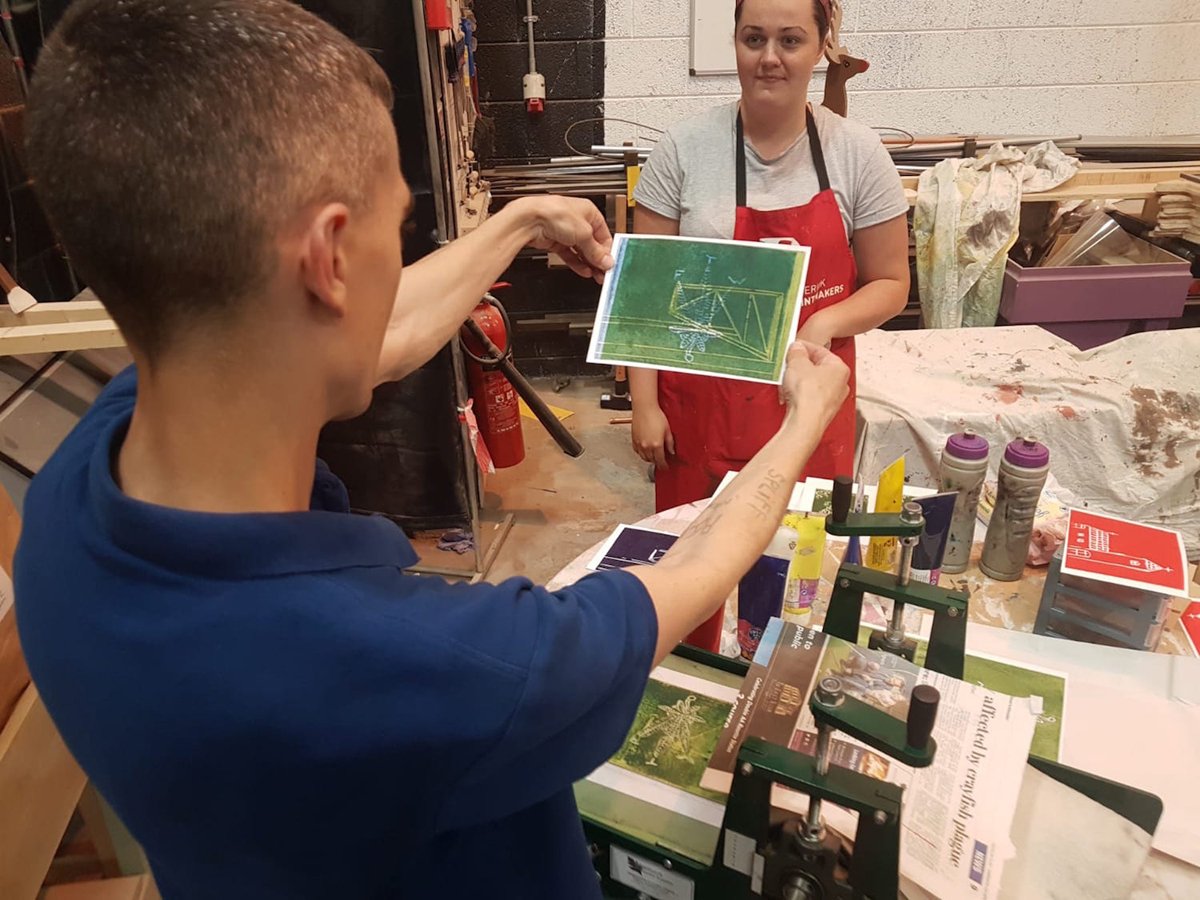 limkprintmakers's tweet photo. Showing @Belltable until early Nov, 'PALLS & Print', an exhibition of prints made during a series of @creativeirl funded LP print workshops with clients of PALLS (Probation and Linkage in Limerick Scheme) in Aug 2019. #ilovelimerick #creativeirl #accessforall #accesstoprint https://t.co/c5a40jK3Rv