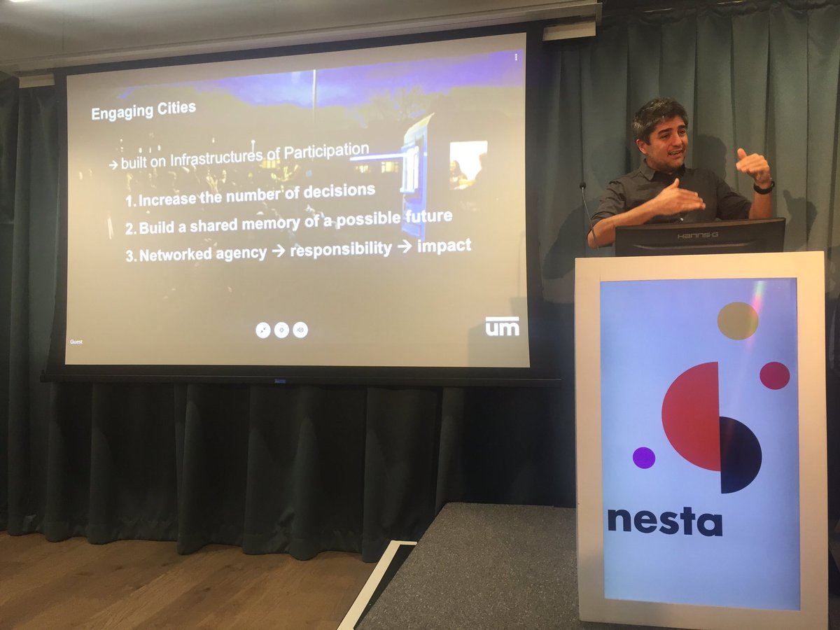 KathyPeach's tweet photo. “We need to build shared memory of a possible future” says @uah from Umbrellium. This resonates so well with our participatory futures project https://t.co/NRpEs5POgZ #CollectiveIntelligence #NestaCI https://t.co/oVTBTvILMg