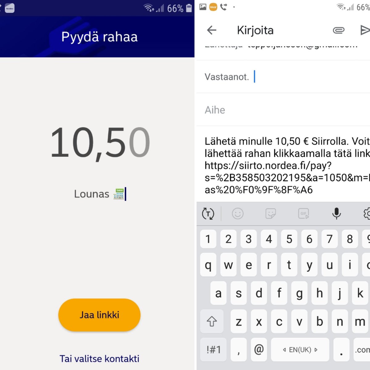 Poks, #nordeasiirto Android-versio sai uuden ulkoasun. Oletteko huomanneet mahdollisuutta jakaa maksupyyntö linkkinä missä tahansa mediassa, esim. Whatsapp tai email. Ping <a href="/nordea_aspa/">Nordea Asiakaspalvelu</a> Knoppitietoutta: kehitysvaiheessa koodinimi oli Hillolinkki. 😉