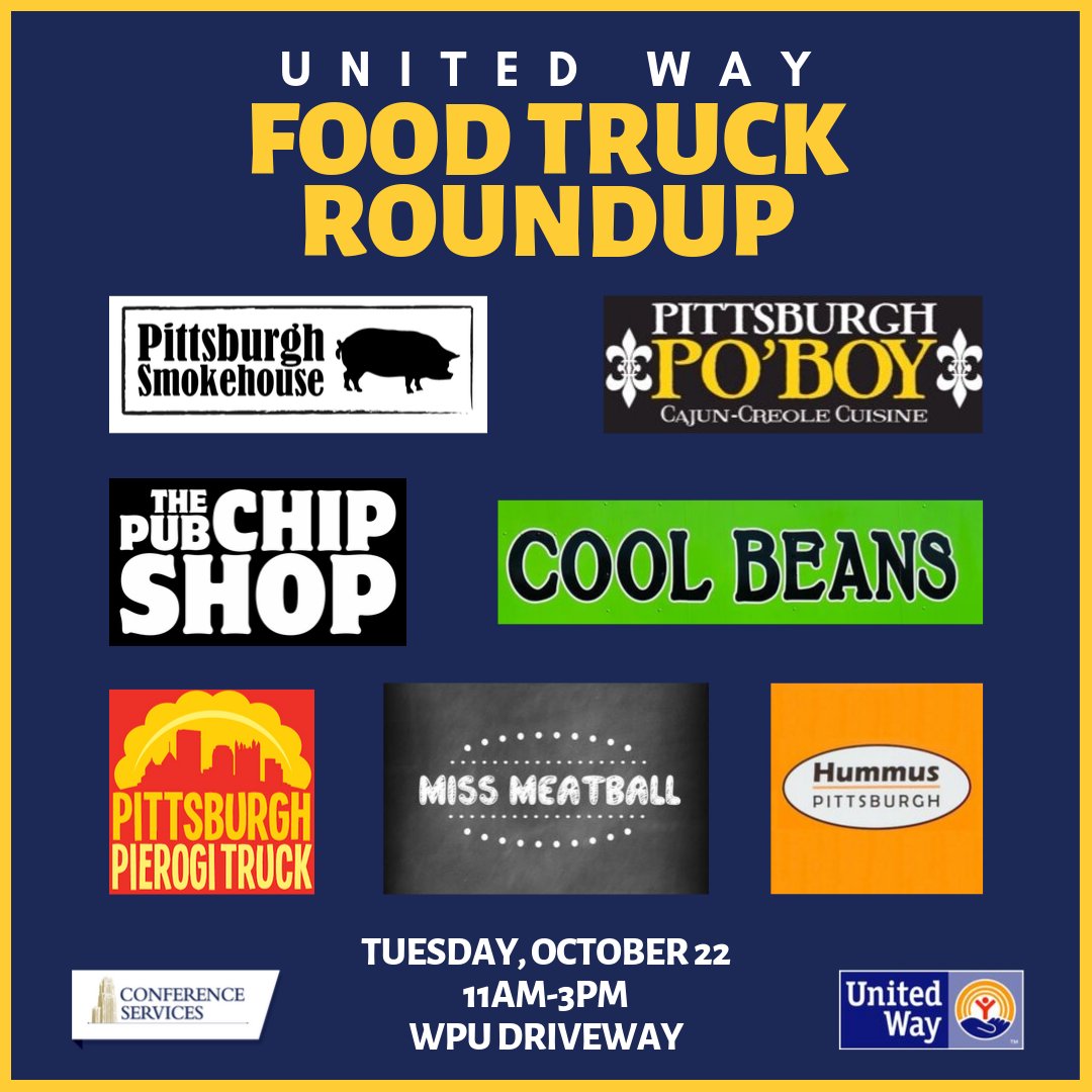 Check out our amazing lineup of vendors for our October 22 Food Truck Roundup. A portion of all proceeds benefit the United Way.

#pittevents #pittfood #pittsburghfoodtrucks #foodtruckevent #foodtruckroundup