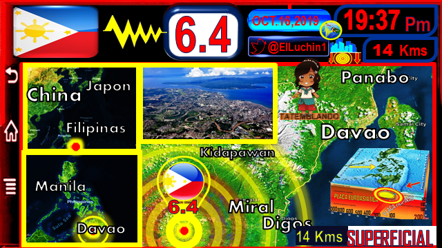 elluchin1's tweet photo. 🇵🇭➡Fuerte🔴#Sismo 6.4 ⚡ 🔶#Columbio a 7 km al NorEste 
⏱19:37 Pm Noche 🌌Filipina🇵🇭#16deOctubre

SUPERFICIAL 🔰14 Kms

#Digos #Paitan #Buluan #Davao
y al SurEste de #Manila
#Mindanao
#Filipinas🇵🇭 #Philippines 
#FelizMiercoles #Temblor
#Terremoto #Earthquake
#Wednesday https://t.co/lFGTWnfKX5