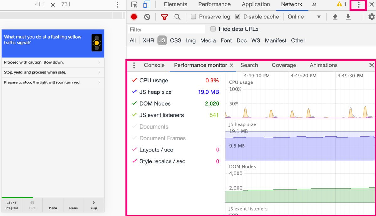 addyosmani's tweet image. Tip: DevTools Performance monitor can show if your site has a memory leak in real-time 🚰

Three dot menu &amp;gt; More tools &amp;gt; Performance monitor