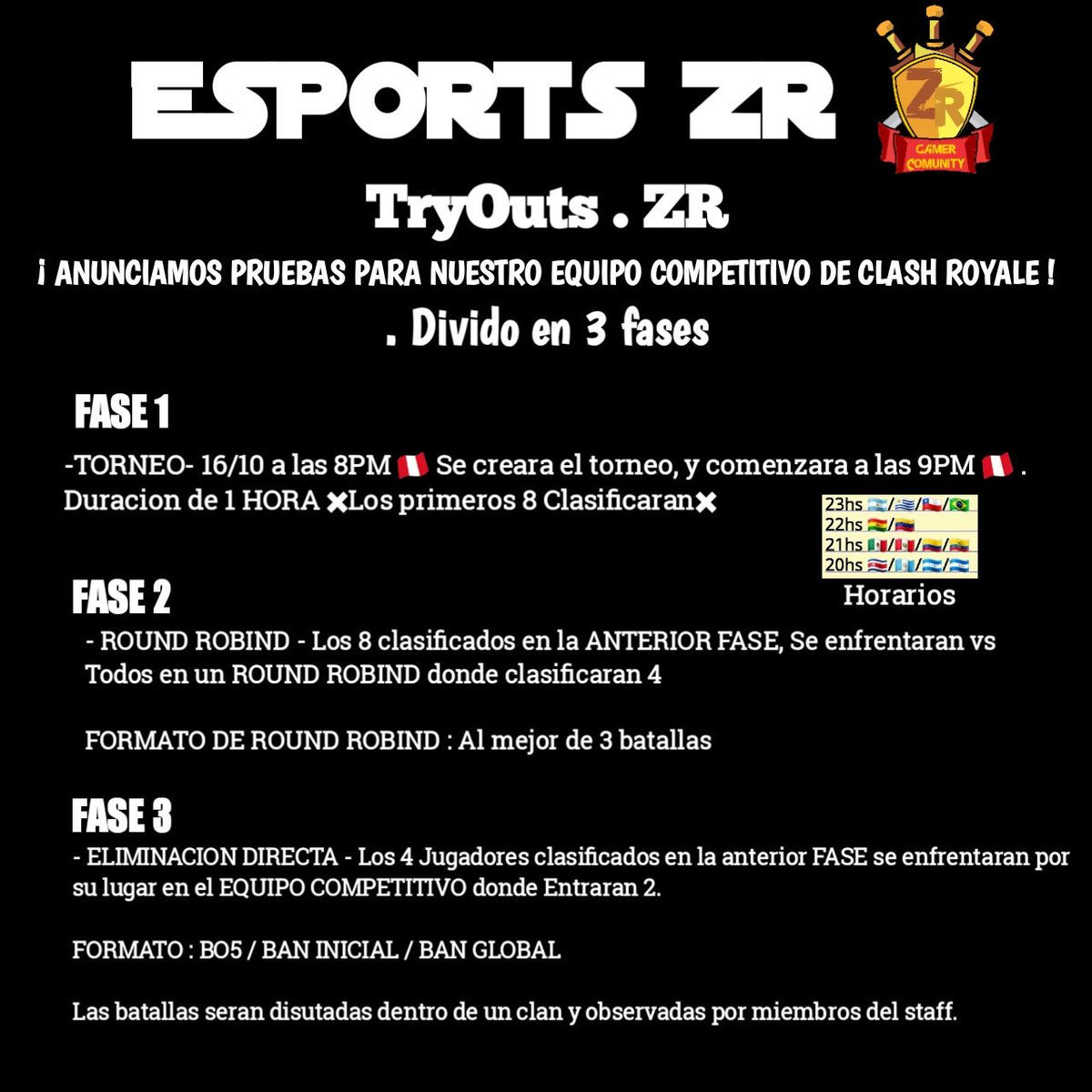 || #CR ~ TryOuts - <a href="/EsportsZR/">Esports ZR</a> for <a href="/ZRGoldenSc/">ZR Golden Scepter</a> ||

Queremos reforzar el roster del equipo y convocamos a los jugadores interesados en pertenecer al team.
HOY DIA COMENZAMOS la 1▪ Fase

El torneo sera publicado 8PM !
Mandw un MD para saberlo con anticipacion

RT 🔄 Y FAV❤ 😱