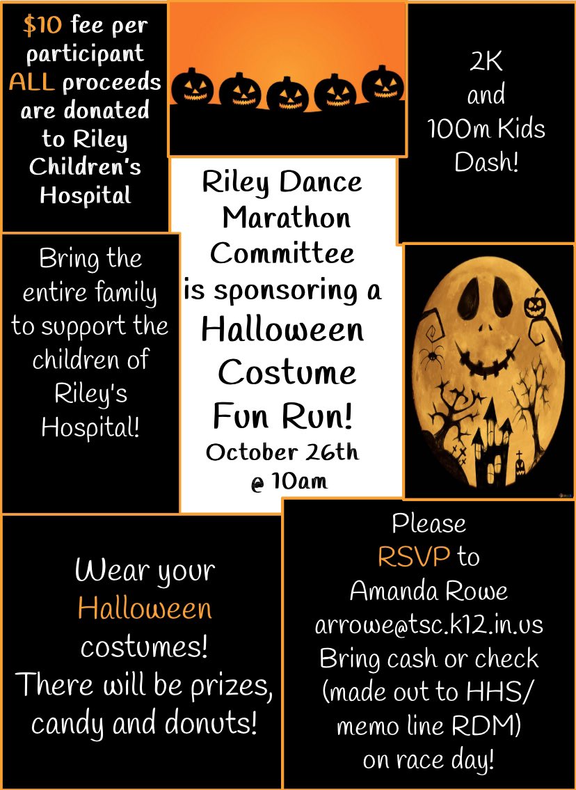 hhs_rdm's tweet photo. COME JOIN US TO SUPPORT RILEY KIDS AT OUR COSTUME RUN ON SATURDAY OCT 26!!!! https://t.co/V631XbFt93