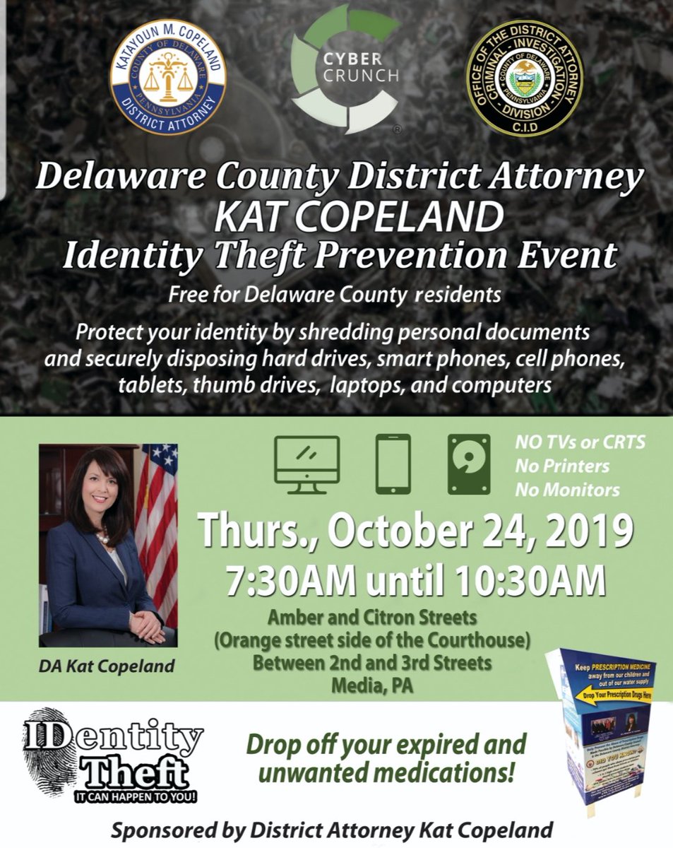 SAVE THE DATE: 10/24 7:30am-10:30am for a free #IDtheftprevention #electronicdisposal &amp; #RXdisposal. #delcoDA #delcoHTF <a href="/muplibrary/">Media-UP Library</a> <a href="/MediaBorough/">Media Borough</a> <a href="/mediapanews/">All Things Media</a> <a href="/MediaPAPatch/">MediaPAPatch</a> <a href="/visitmediapa/">Visit Media PA</a>