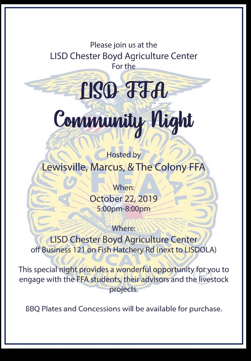 MarcusFFA's tweet photo. Community night at the Ag Barn is Oct 22 at 5pm feel free to come out and have some BBQ and see what our program has been up to. FFA members we will have barn clean up for the the 21st after school and will be as much help as possible https://t.co/gFPKosESho