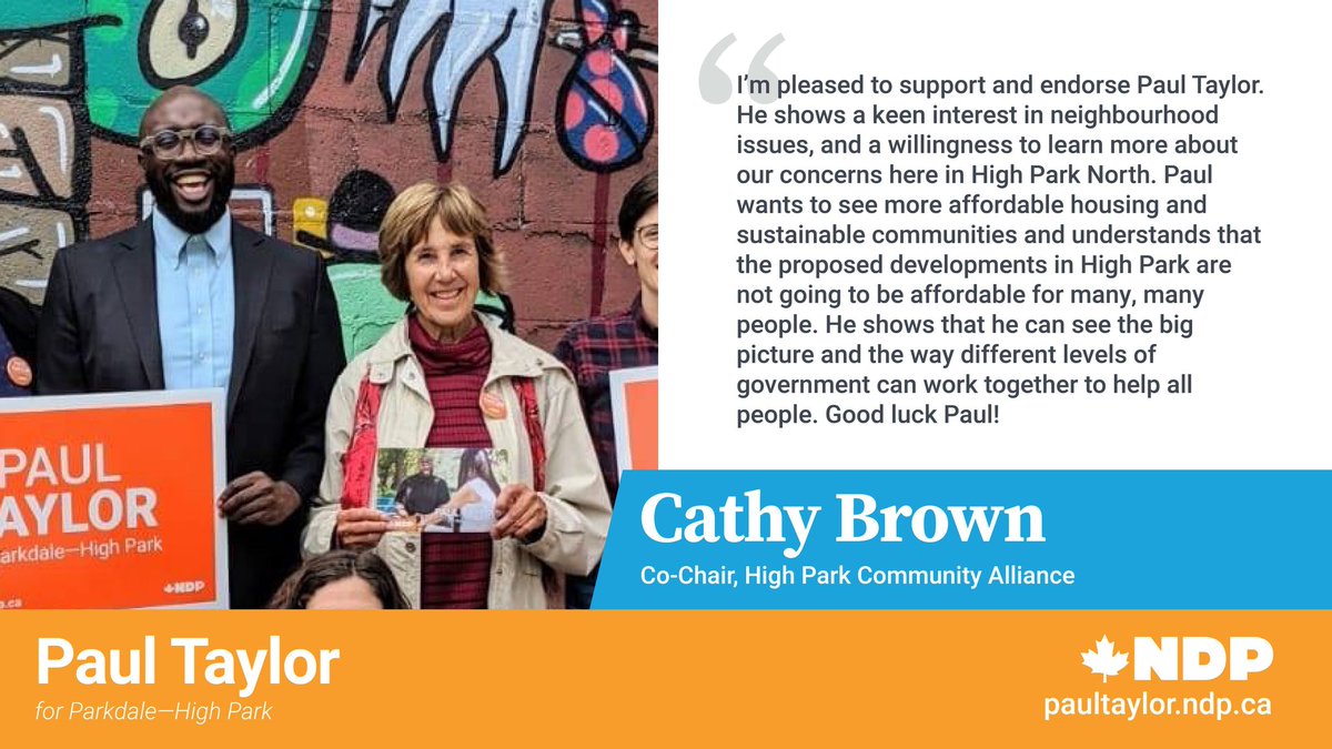 PaulTaylorTO's tweet image. We need to work together to ensure our communities are affordable, sustainable, and vibrant.

As your MP, I'd work with @BhutilaKarpoche, @gordperks, and orgs like the High Park Community Alliance to do just that.

Thanks for your support, Cathy!

#ParkHP #PT4MP #cdnpoli #elxn43