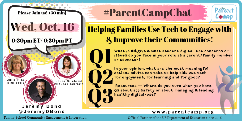 ParentCamp's tweet photo. #ParentCampChat Week 17 Recap – Let’s Talk Family Time – Wednesday 10/16 9:30 pm ET/6:30 pm PT – Ready for Week 18 – Helping Families Use Tech to Engage & Improve their Communities https://t.co/5TQzeT38Wc https://t.co/2YvbUZGHdZ