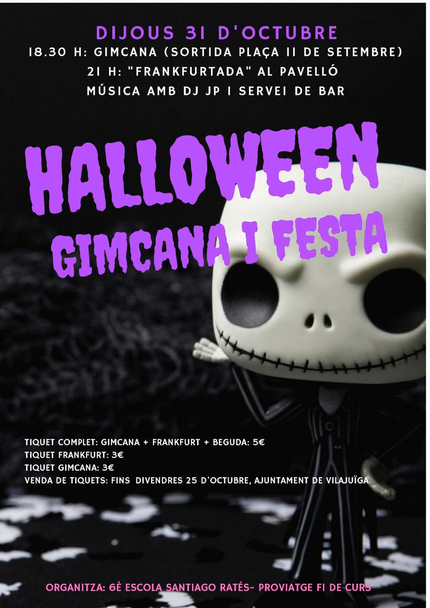 Viu la festa de Halloween a #Vilajuïga 🔥

📆Dijous, 31 d'octubre

A les 18.30 h 🥳 Gimcana (sortida des de la pl. 11 de setembre)
A les 21.00 h 🌭 Frankfurtada al Pavelló
A continuació, 🎶 música amb DJ JP i servei de bar