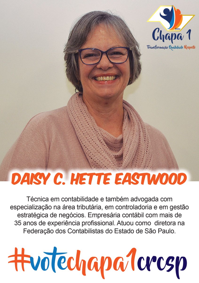 Chapa1CRCSP's tweet photo. Mais representatividade das mulheres no CRCSP 💪

Daisy Eastwood é candidata da CHAPA 1 CRCSP para reforçar o time das mulheres com muit seriedade e profissionalismo

Conheça todos os candidatos: https://t.co/xuSY4CPOuT
#votechapa1crcsp #candidatas https://t.co/TFYp7NfntR