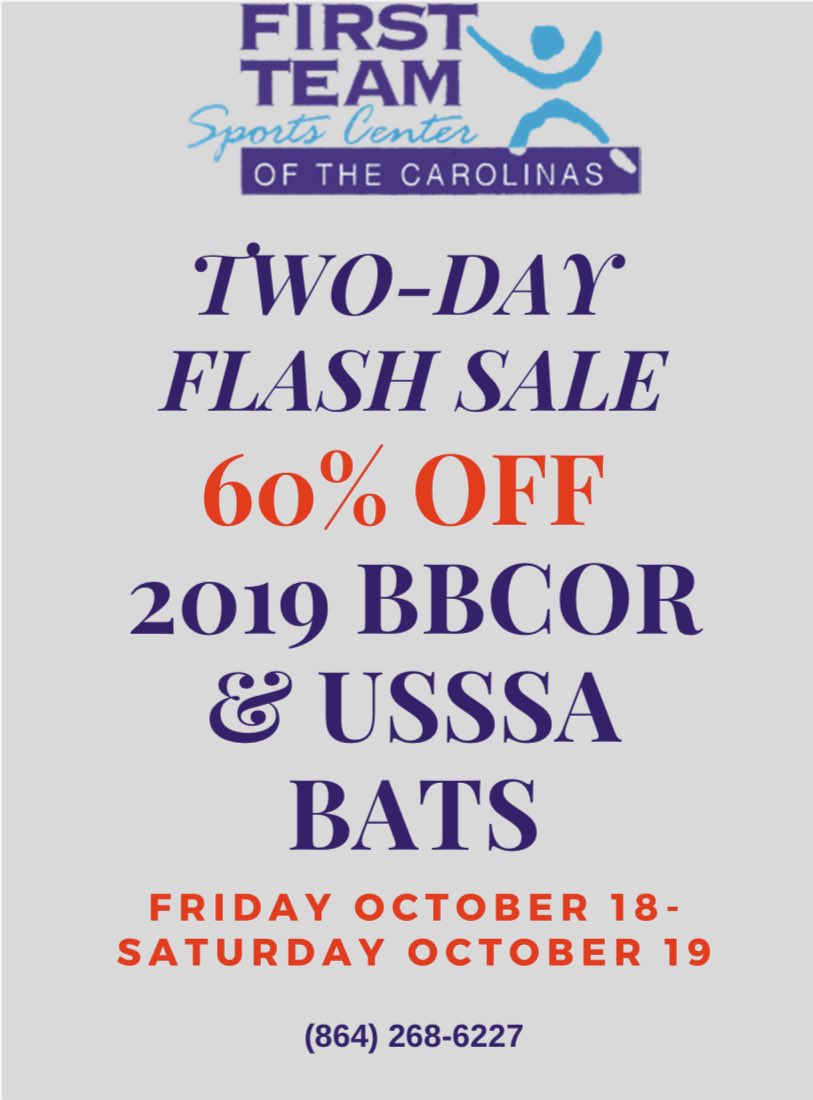 FirstTeamSC1's tweet image. 🚨 NEWS ALERT🚨 This Friday and Saturday ONLY, we will have all of our 2019 BBCOR &amp;amp; USSSA Bats for 60% off!! You know here at First Team, we got the Deals! So come see us and get yours this Friday and Saturday ONLY!! #shoplocal #firstteamsports