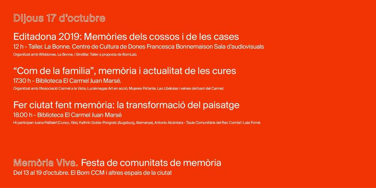 CulturaVivaBcn's tweet photo. Demà continuem fent #MemòriaViva:
🌄matí: taller per editar la @Wikipedia a @LaBonne_CCDFB Inscripcions➡️ https://t.co/gC8wNtVbPf
🌆tarda: acció sobre memòria i actualitat del treball domèstic, migracions i transformacions del #Carmel + debat sobre la memòria del paisatge. https://t.co/MmIU6opwce