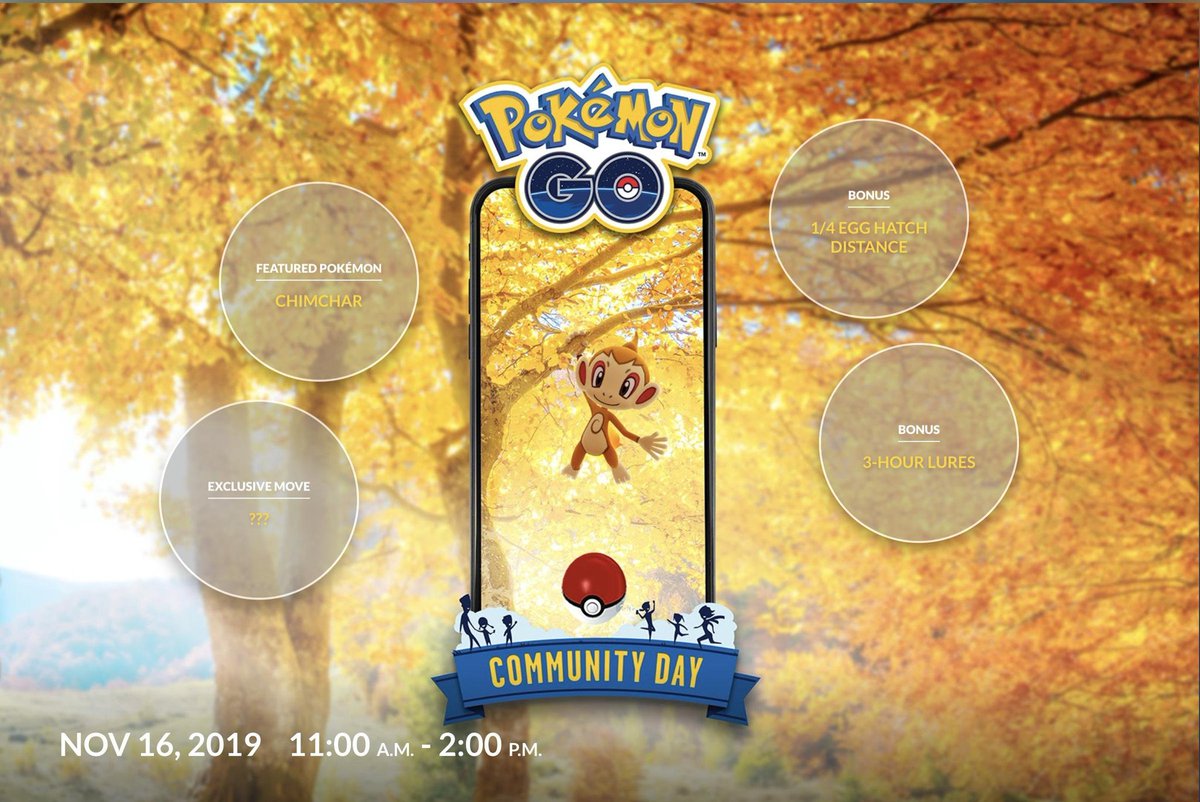 #Update

Chimchar Community Day announced for November 2019

🔱 Date&amp; Time November 16th 11am-2pm local time
 
🔱Bonus 1/4 egg hatch distance

#PokemonGo