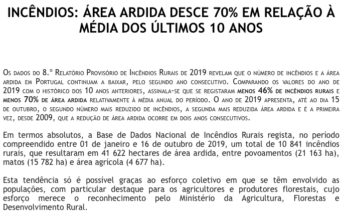 agricultura_pt's tweet photo. Incêndios: Área ardida desce 70% em relação à média dos últimos 10 anos 

#incêndios #BDNIR #Floresta #ReformadaFloresta #MAFDR #SEFDR #ICNF https://t.co/ZVgeuqsyJq