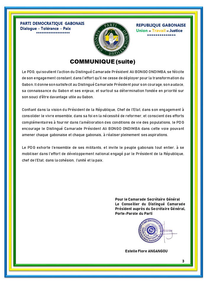 COMMUNICATION DU PDG A L'OCCASION DES 10 ANS DE L'ACCESSION DU DCP <a href="/PresidentABO/">Ali Bongo Ondimba</a> à la magistrature suprême. 

A suivre sur
facebook.com/90209084321962…
