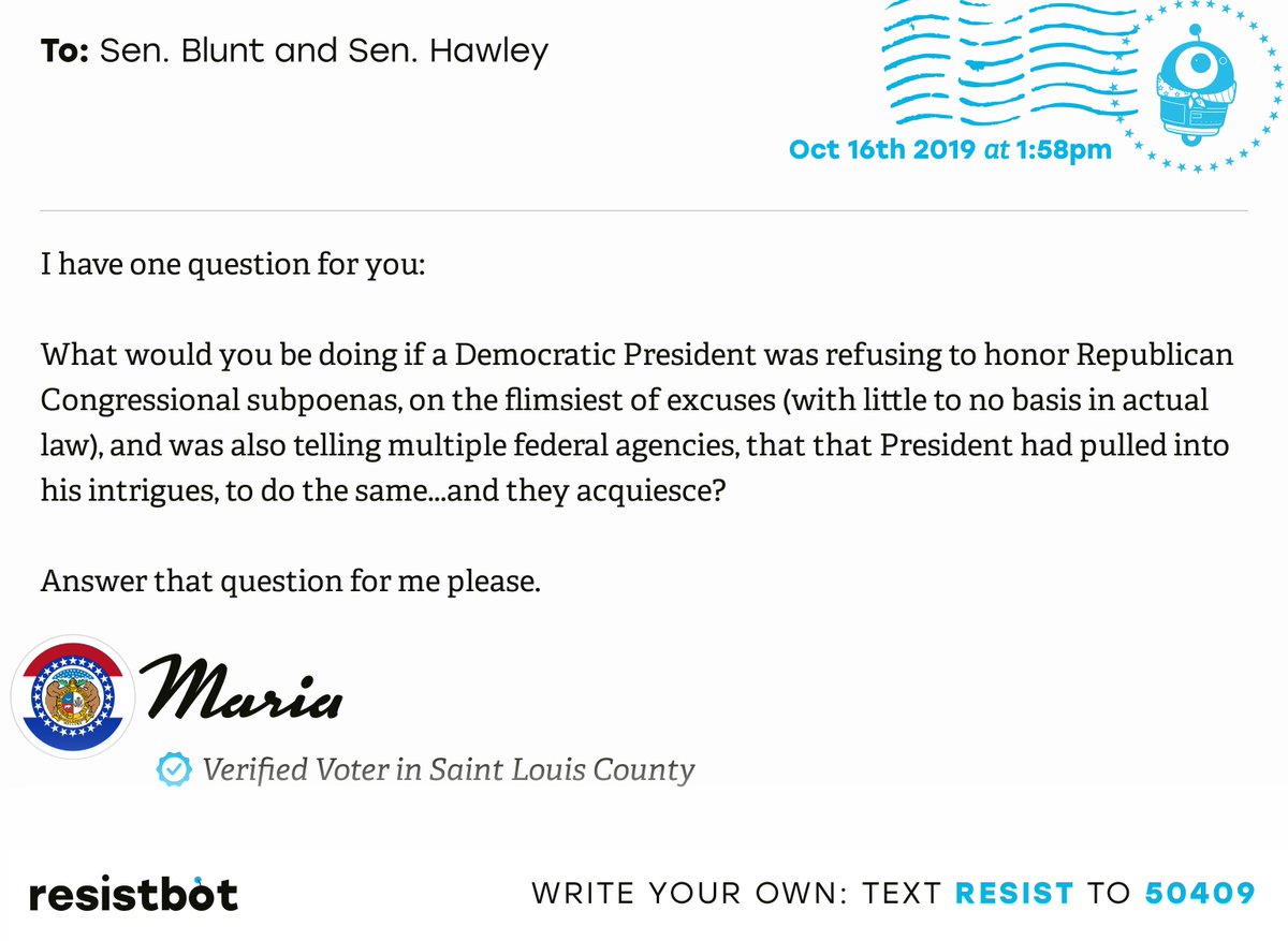 openletterbot's tweet photo. I just delivered this letter from Maria in Webster Groves, Mo. to @RoyBlunt and @SenHawleyPress #MOpols #MOpolitics #Resistbot https://t.co/YIHfj5G3YJ
