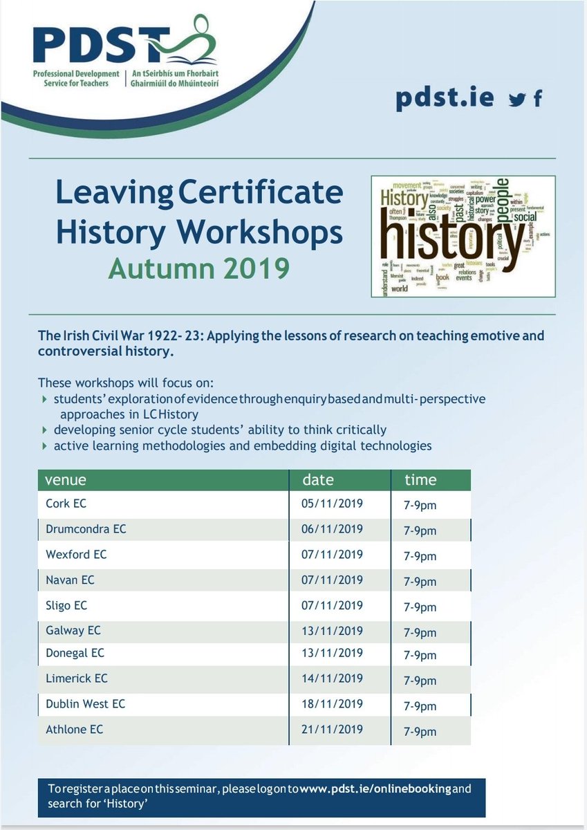 PDST_History's tweet photo. #LCHist Autumn Evening Workshops. Details below #histedchatie #LCHist @PDSTie @cork_cesc @DrumcondraEC @DublinWestEC @WexfordEdCentre #NavanEC @athloneec @limerickedcentr @ecGalway @SligoEdCentre @DonegalEd https://t.co/JiXyLu2uKJ