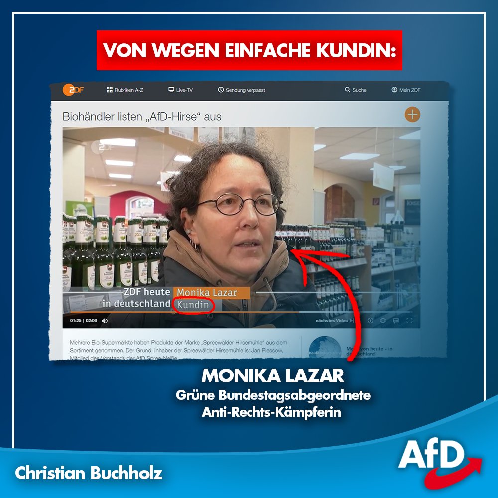 BuchholzMda's tweet photo. #ZDF belügt die TV-Zuschauer auf perfideste weise. Um den kritischen Bürger auf Linie zu bringen, stellt man die Grüne-Bundestagsabgeordnete @monikalazar gerne mal als empörte Anti-#AfD-Kundin hin. #Biomare #lügenpresse #AfDHirse 

https://t.co/zHEiQ6jNw1 https://t.co/i5poCJjc6G