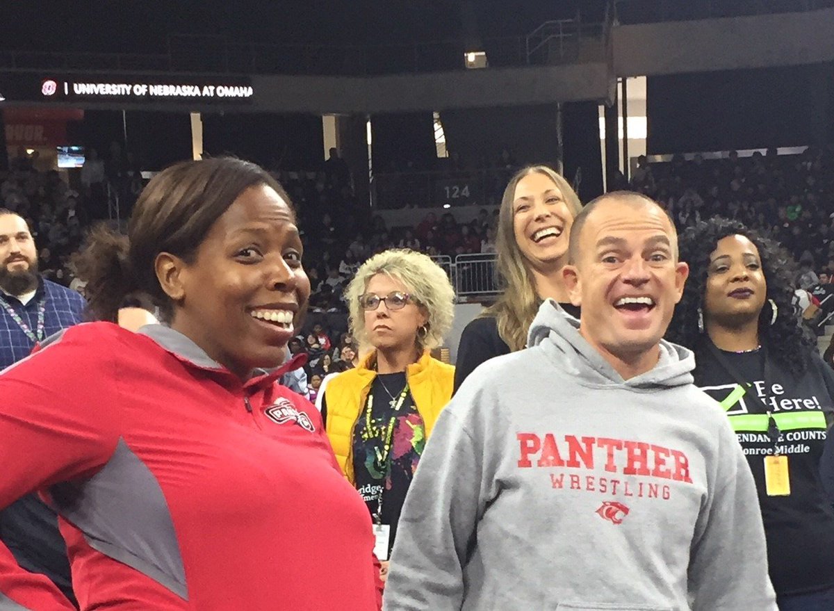OPS_Morton's tweet image. At the @UNOmaha &amp;amp; @OmahaPubSchool #ExplorationDay there was a knockout contest between teachers from ALL the middle schools!  @JenBeck_8 was in it until right at the end!  Way to represent the Panthers!