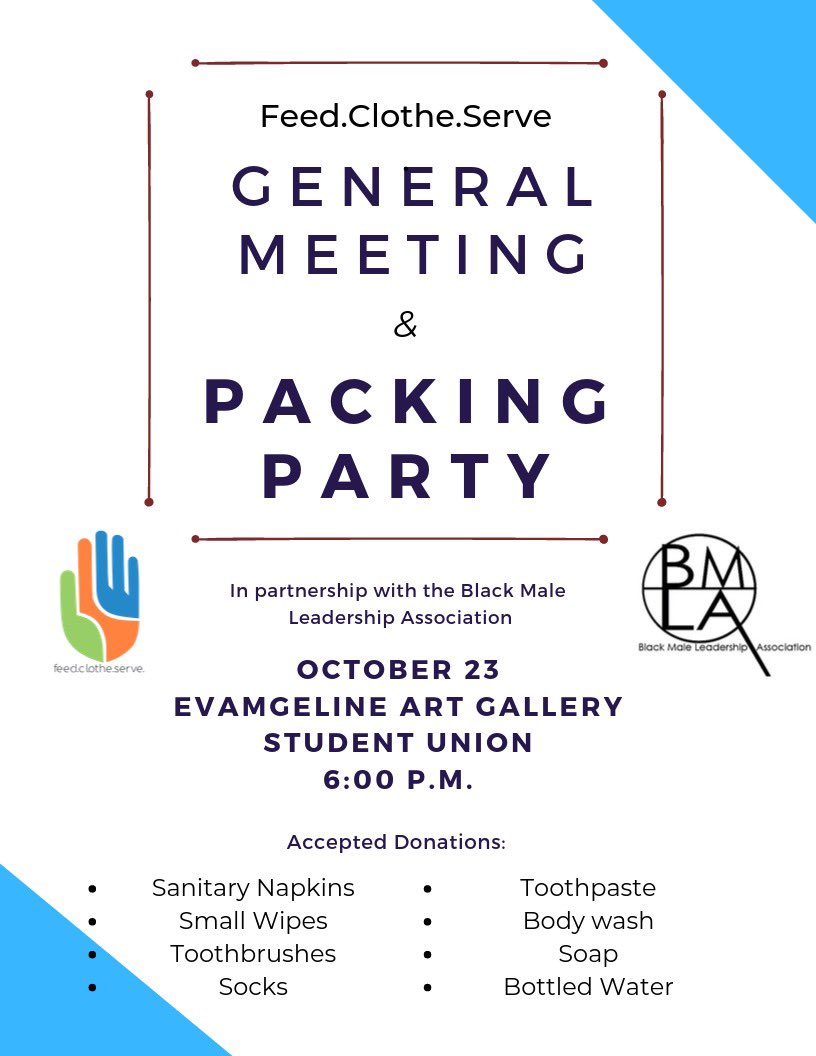 dajahisthename's tweet image. Hey FCS fam! FCS in partnership with BMLA will be hosting FCS’ Third General Meeting and Packing party event on October 23,2019. The event will be held in the Evangeline Art Gallery from 6-7:30 p.m. We are accepting donations! 

#UL20 #UL21 #UL22 #UL23