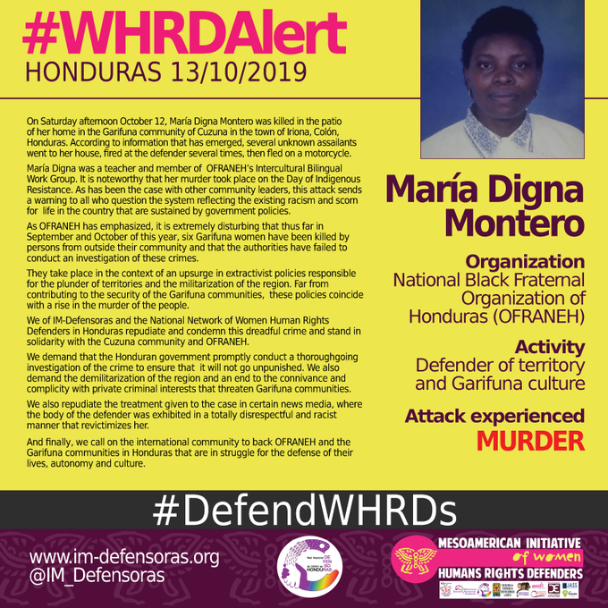 ESCRNet's tweet photo. @ESCRNet stands with members @ofraneh and garifuna communities in #Honduras. We condemn the assassination of Maria Digna Montero and other attacks on garifuna #whrds. ##WHRDalert #DefendWHRDs https://t.co/Sxpy7o48Wn