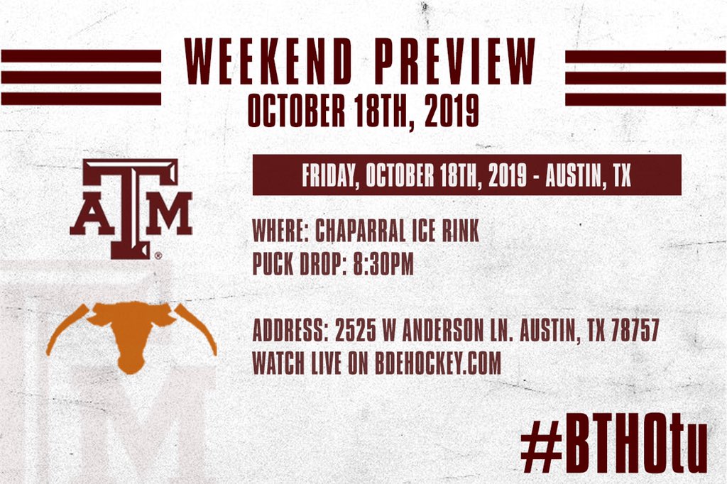 tamuicehockey's tweet image. A two-game series as your Aggies look to #BTHOtu 🔥 First game in Austin on Friday before the boys head back for our ✖️ BLACKOUT ✖️ game on Saturday in the home rink 🏒 #TAMUHockey #TAMUSportClubs