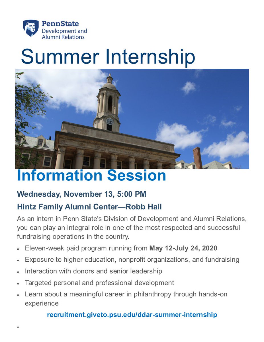 MRCpennstate's tweet photo. We know Autumn just arrived, but it's already time to think about summer internships! The Division of Development &amp; Alumni Relations is looking for Summer 2020 interns and they want YOU to apply! Come to the drop-in info session on 10/23 in 217 Grange from 12-2 to learn more! https://t.co/cyEu5xqLh6