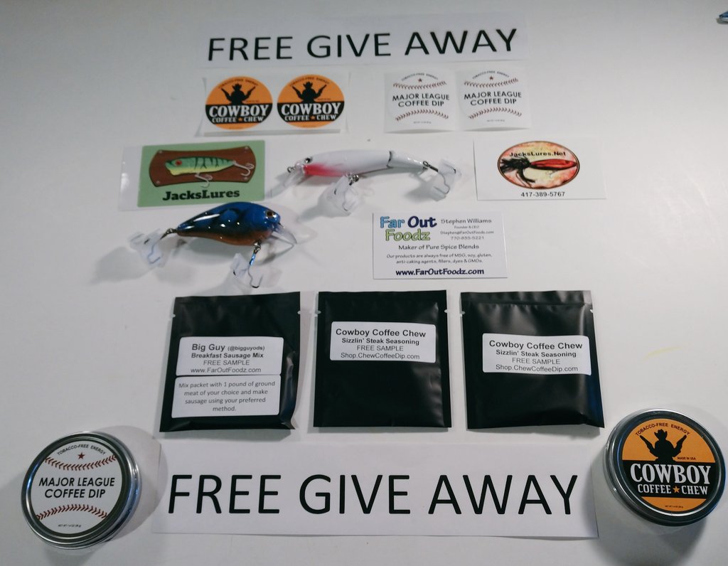 JUST ANNOUNCED
GIVE AWAY Contest
☕☕🤠👍☕☕☕
RETWEET &amp; FOLLOW
👇👇👇👇👇👇
<a href="/chewcoffeedip/">Cowboys Coffee Chew</a>
@JacksLures
<a href="/FarOutFoodz/">FarOutFoodz - PURE & Fresh!</a>
<a href="/bigguyods/">🇺🇸 BigGuy Outdoors</a>
@MarTeaseLures
for a chance to WIN
items in Photo 🤠👍

🚨 Tag friends for
Extra bonus entries 🚨

👉 Ends MONDAY 👈
#WednesdayMotivation