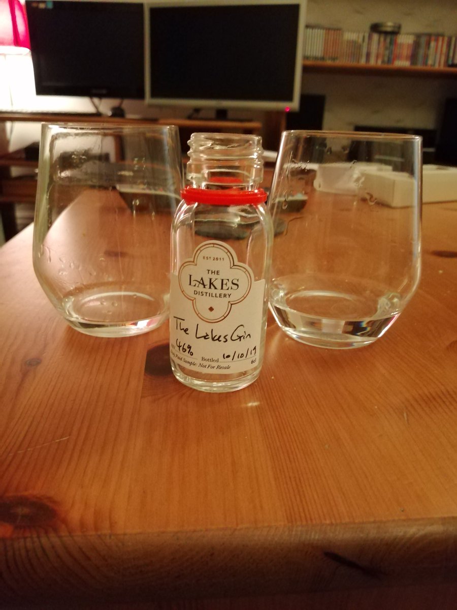 Tasting  @LakesDistillery new gin tonight. We're tasting neat, with water, then as a G&T with ice and lemon. #gin  #gintasting  #LakesGin