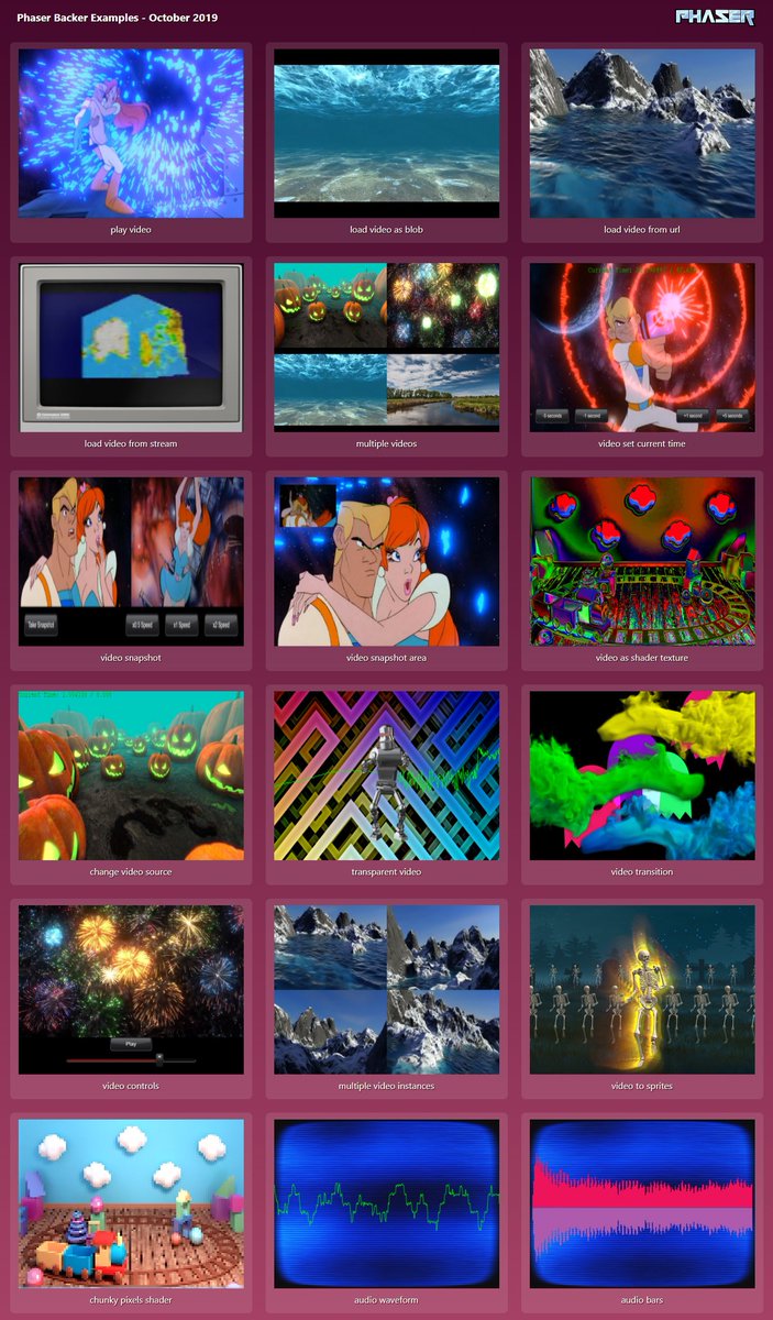 phaser_'s tweet photo. The October Phaser Code Bundle is now out for all Phaser backers! With 19 new examples including lots of video and audio based goodies :) https://t.co/518V7I2lmE https://t.co/4PWJAL7q8e