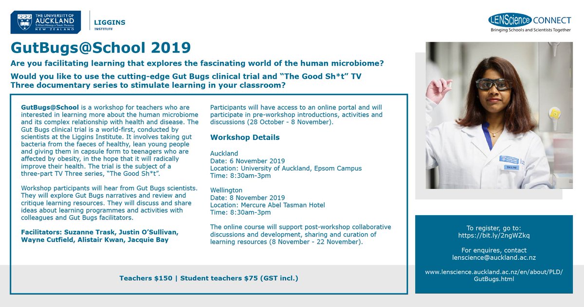 LENScience (@lenscience) on Twitter photo Are you facilitating learning that explores the human microbiome? Join <a href="/AucklandLiggins/">Liggins Institute UoA</a> for a one-day PLD workshop and learn about the human #microbiome through the context of the highly publicised #GutBugs trial.
Register now: bit.ly/2MuYynB
#STEM #sciliteracy Are you facilitating learning that explores the human microbiome? Join <a href="/AucklandLiggins/">Liggins Institute UoA</a> for a one-day PLD workshop and learn about the human #microbiome through the context of the highly publicised #GutBugs trial.
Register now: bit.ly/2MuYynB
#STEM #sciliteracy