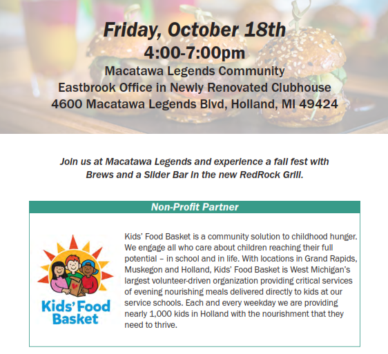 DKuiperMortgage's tweet photo. Please join me at Macatawa Legends on Friday to view the newly renovated clubhouse, explore the neighborhood, enjoy free food and drinks and raise money for Kid's Food Basket. Hope to see you there! #northpointebank #eastbrookhomes #kidsfoodbasket https://t.co/L2vzKT09FT