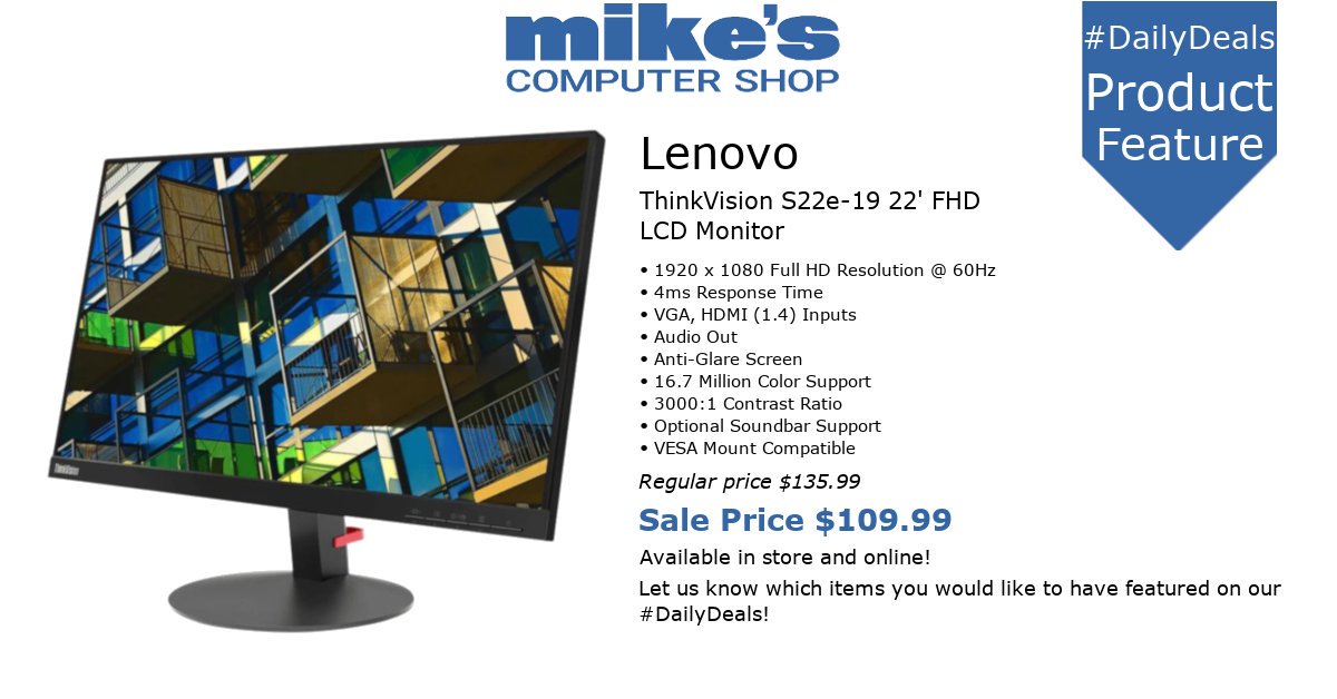 mikescomp's tweet image. #DailyDeals - #ThinkVision S22e-19 is available in store and online at Mike’s for only $109.99! This #Lenovo monitor is specifically meant for your office work. It’s excellent display and functions will also optimize your working experience. 

Visit mikescomputershop.com/product/9813753