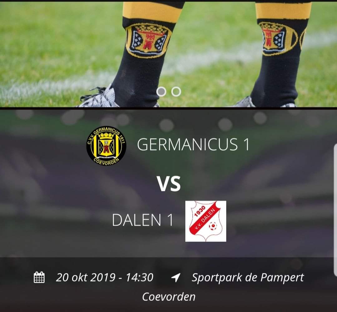 Aanstaande zondag 20 oktober speelt Germanicus 1 thuis tegen Dalen 1.⚽️ 
Aanvang wedstrijd 14:30 uur
#coevorden #cvvgermanicus #vv_dalen