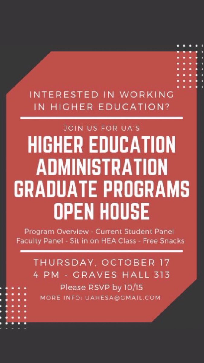 Interested in pursuing a Higher Education degree? Join us tomorrow at 4PM to hear from current faculty and students. You will also be able to join in on our Student Affairs course with current students! Please DM for RSVP link. We hope to see you there!
