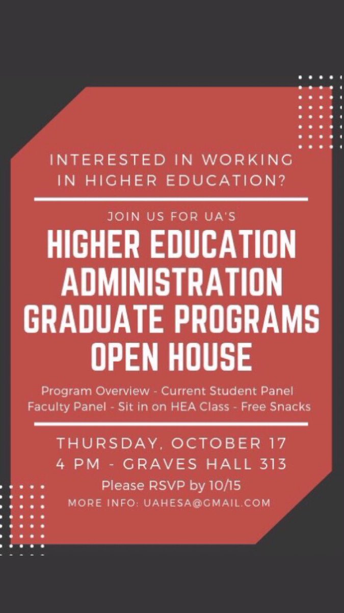 Interested in pursuing a Higher Education degree? 

Join us tomorrow at 4PM to hear from current faculty and students. 

You will also be able to join in on our Student Affairs course with current students!

Please DM for RSVP link. We hope to see you there!