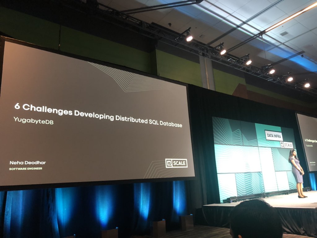 Yugabyte's tweet photo. Neha Deodhar presenting at Facebook’s @at_scale_events #Scale conference talking about the main design principles behind #YugabyteDB and the challenges we solved in building towards these principles 🚀 #DistributedSQL #CloudNative https://t.co/XMTxZFme0b