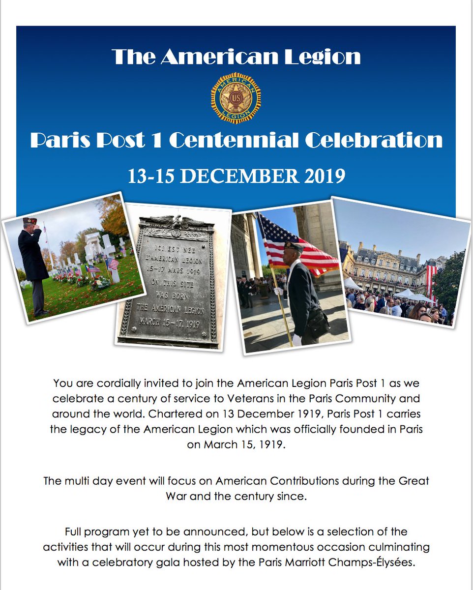 parispost1's tweet photo. Please join us in Paris to celebrate our 100th anniversary. โจ๐๐ฏ #ParisPost1 #AmericanLegion #Centennial #Veterans https://t.co/yZEdy3JJyL