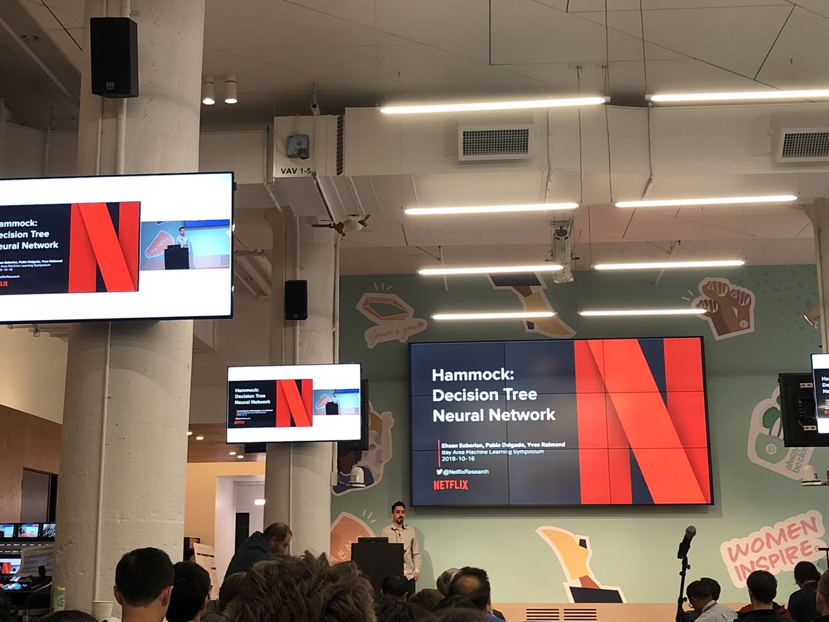 datamusing's tweet photo. Our own Ehsan Saberian and @pablete presenting Hammock: Decision Tree Neural Network at #baylearn 2019 #netflixresearch https://t.co/w9xuB7cnUq