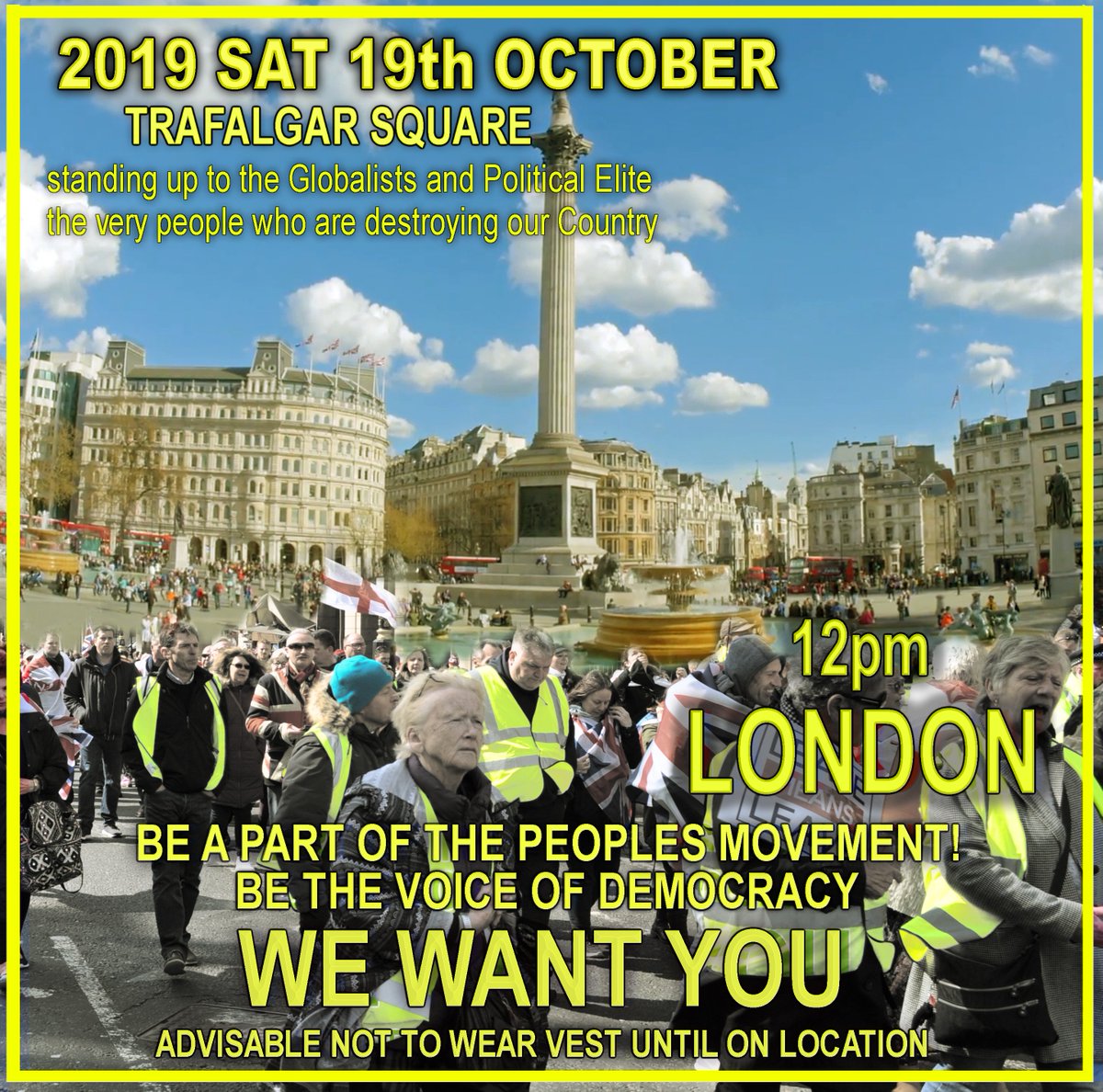 CaptainBlood19's tweet photo. ❤️🇬🇧#YELLOWVESTUK every Sat 12pm Trafalgar Square.🇬🇧❤️ You don't need to make every week, just make a week.??RT #Brexit #NoDeal #brexitnodeal #LeaveMeansLeave #standup4brexit #leave_EU #YellowVestUK #yellowvests #standup4brexit https://t.co/SYjdB7rEfM