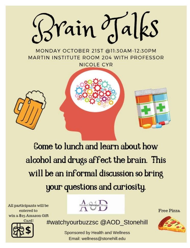 The first program of OkSOBERfest is Brain Talks with Professor Cyr. Come learn about how drugs and alcohol affect your brain! Did we mention that there will be FREE pizza &amp; all participants will be entered to win a $25 Amazon gift card?