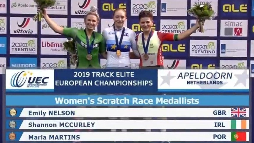🥈SILVER MEDAL for <a href="/MccurleyS/">shannon mccurley OLY</a> 🇮🇪 in Scratch Race at #EuroTrack19 Championships!

After 40 laps, Shannon McCurley finished between 🥇Emily Nelson 🇬🇧 and 🥉Maria Martins 🇵🇹 in the first medal event. What a huge result for #Irish cycling!

In women's pursuit, <a href="/TeamIreland/">Team Ireland</a> was 9th.