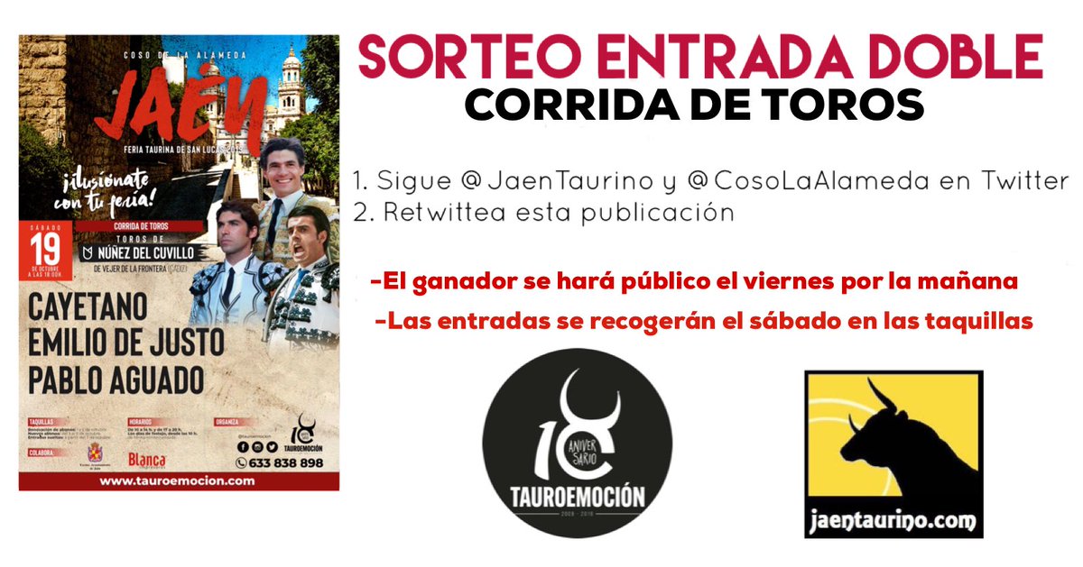📣NUEVO SORTEO 📣
Entrada doble para asistir a la corrida de toros sábado 1️⃣9️⃣

👉🏻 ¿Qué tienes que hacer?
➡️1. Sigue <a href="/JaenTaurino/">JaénTaurino</a> y @CosoLaAlameda 
➡️2.RT este Tweet 

🏆El ganador se hará público el viernes por la mañana 
✉️Las entradas se recogerán en taquilla