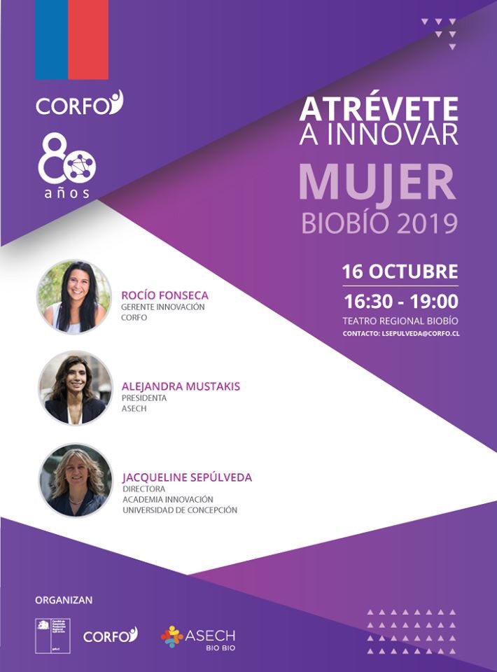 A minutos de partir el gran evento “Atrévete a innovar Mujer Biobio 2019” en el <a href="/teatrobiobio/">Teatro Biobío</a> evento organizado por <a href="/Corfo/">Corfo</a> y <a href="/ASECH_ag/">ASECH</a> síguenos con el #vamosmujeresbiobio <a href="/GobiernodeChile/">Gobierno de Chile</a> <a href="/sgiacamang/">Sergio Giacaman G</a> <a href="/seremieconomia8/">Seremi de Economía Biobío</a> <a href="/MMEG_Biobio/">Seremi Mujer y Equidad de Género Biobío</a>