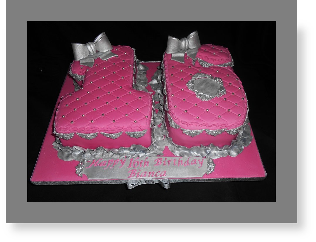 silver and pink number 16 cake