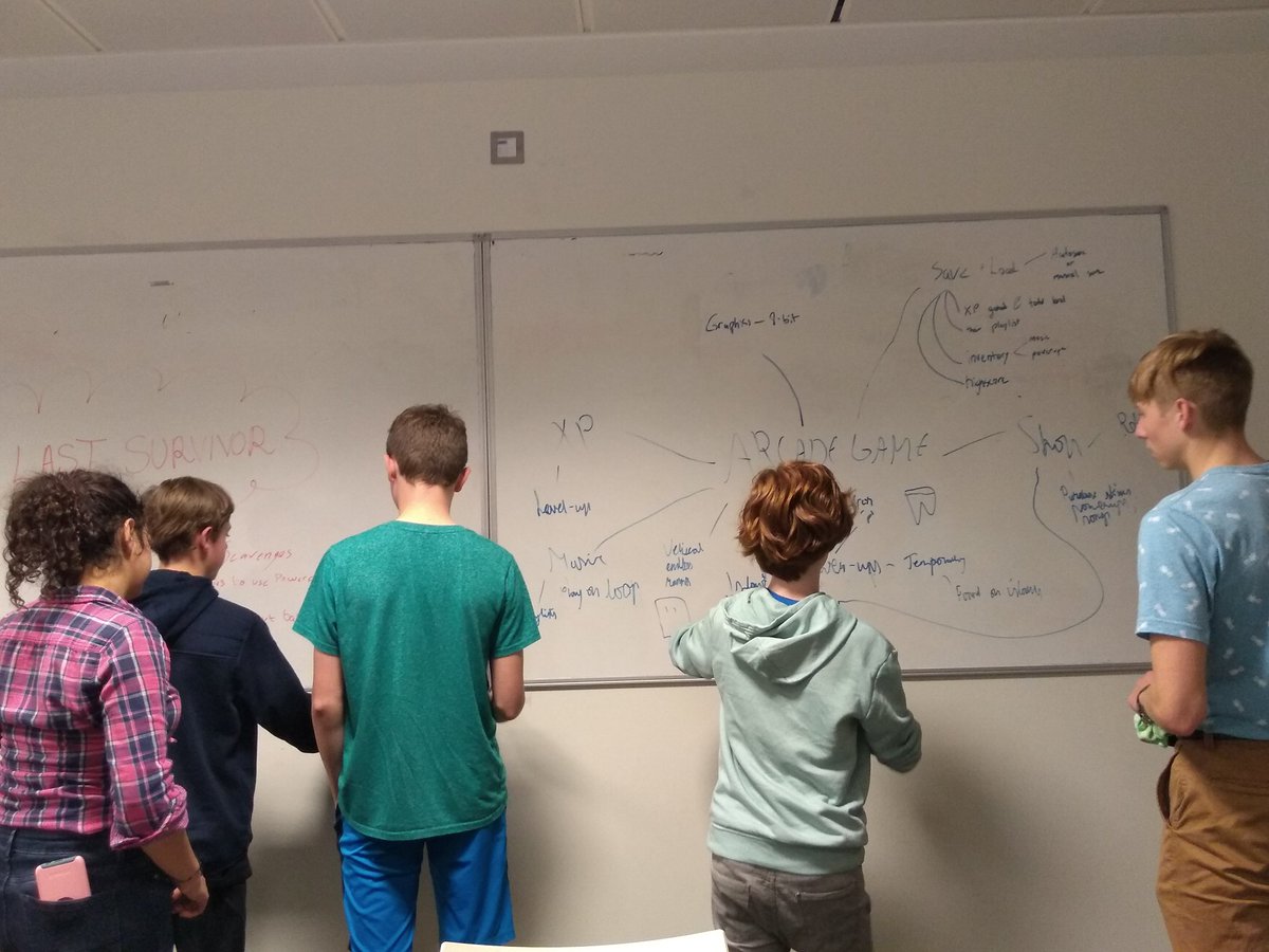 UCDCoderDojo's tweet image. We have just started back in a smaller room than planned. Our game design group were very busy brain storming ideas with mentors on their projects this term.