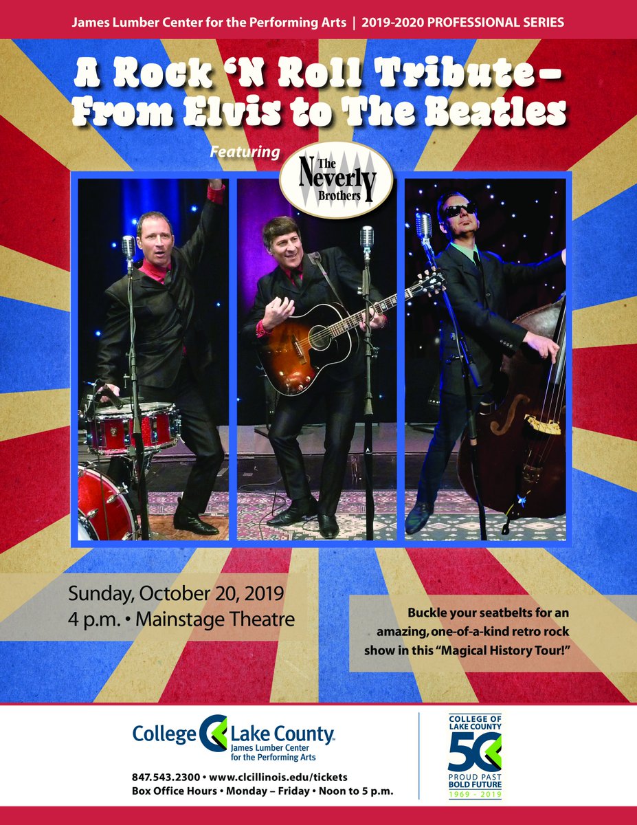 Buckle your seatbelts for a one-of-a-kind retro rock show &amp; Magical History Tour ... THIS Sunday, OCTOBER 20 at 4 p.m. on the Mainstage of the James Lumber Center! The Neverly Brothers never disappoint with their outstanding musicianship! Tix: 
jlcenter.clcillinois.edu/the-neverly-br…
