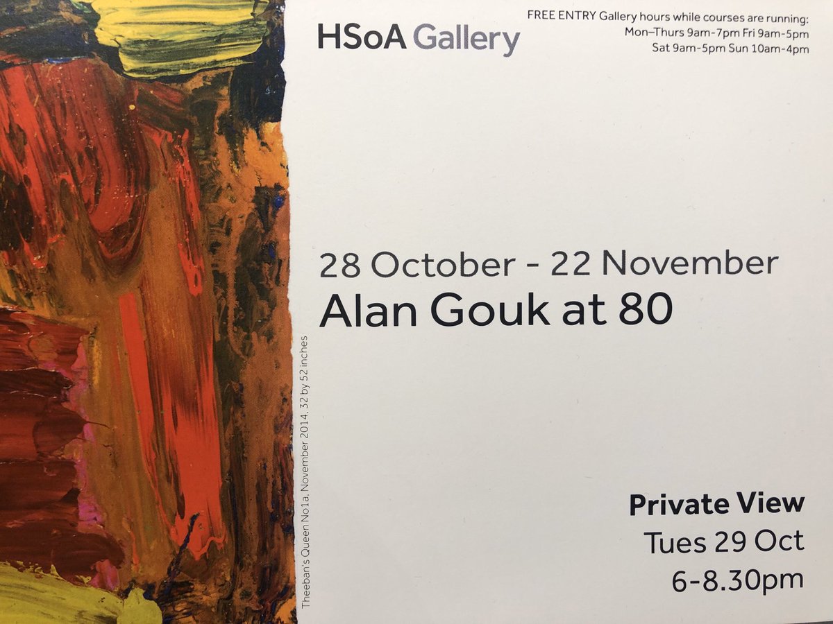 HSoA_UK's tweet photo. Proud of our HSoA patron and abstract painter #AlanGouk
‘Alan Gouk at 80’ opens in the HSoA Gallery on 28 October. Join us for the PV Tuesday 29 October 6-8.30pm.
Exhibition catalogue includes contribution by @FrankBowling
#AlanGoukat80 #exhibition #hsoagallery #hampstead https://t.co/c526D4QBJa